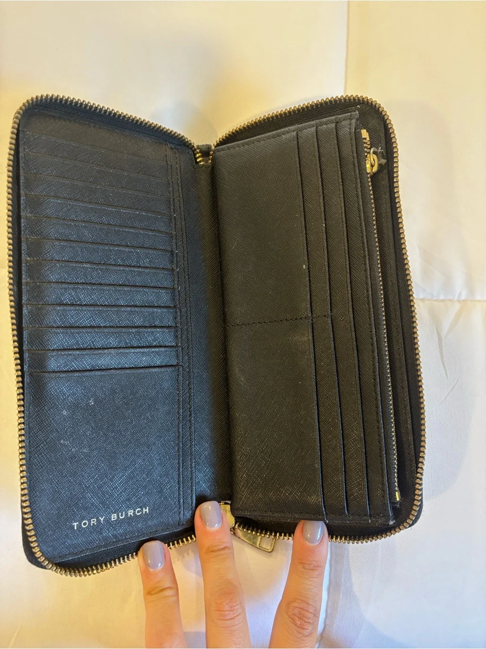 Tory Burch Black Continental Zip Wallet with Gold Logo